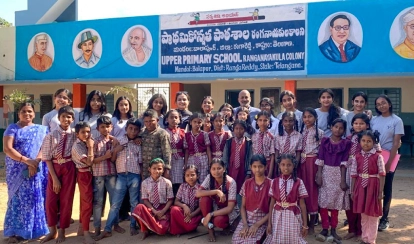 AKA Hyderabad students with students from the Upper Primary Government School in Ranganayak Colony.