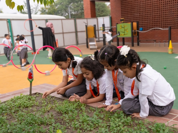 Four young students in school uniforms lean over a garden bed, closely observing and tending to small plants during an outdoor activity.
